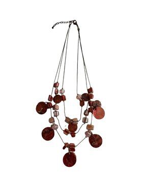 Y2K Red Jasper Style Multi Strand Statement Necklace Boho Disc Beaded 14 Inch